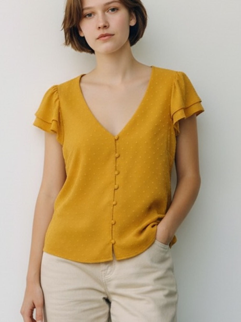 SHEIN Mustard V-Neck Button Flutter Sleeve Blouse